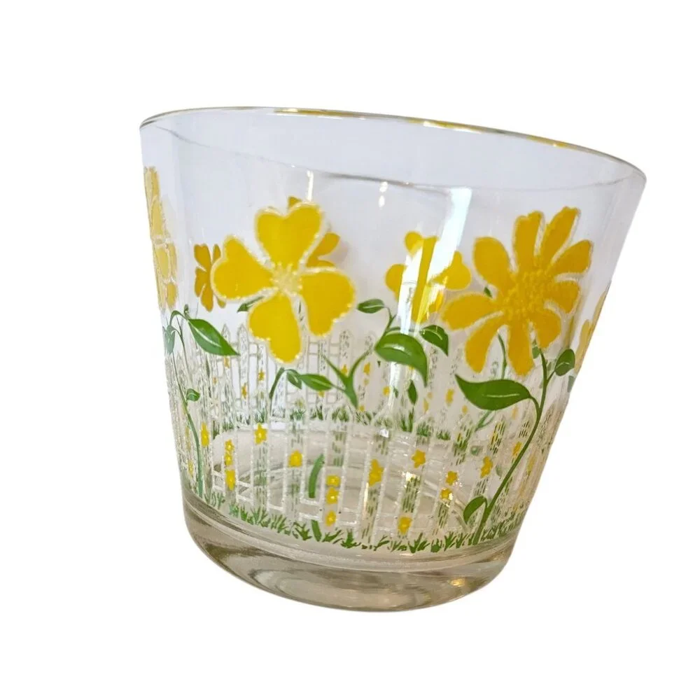 Culver Mod Yellow Flower Picket Fence Clear‎ Glass Ice Bowl Bucket MCM